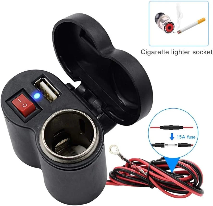 Cargador USB Dual de 12V para Motocicleta con Interruptor, Toma de Encendedor Impermeable y Abrazadera para Manillar de Motocicleta