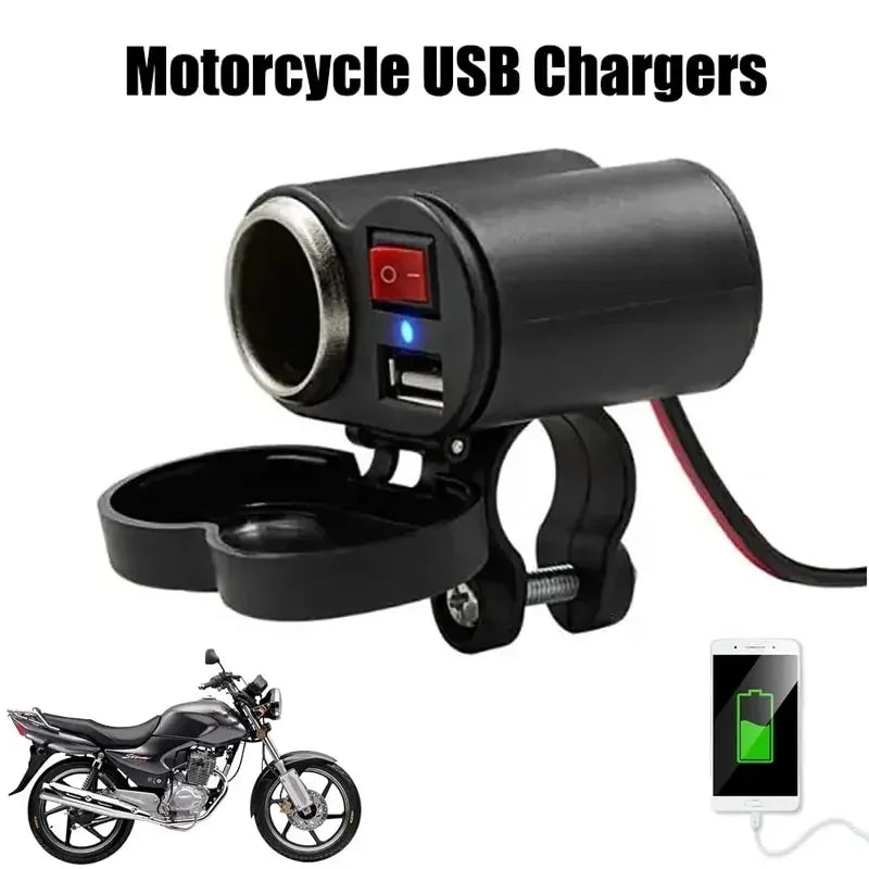 Cargador USB Dual de 12V para Motocicleta con Interruptor, Toma de Encendedor Impermeable y Abrazadera para Manillar de Motocicleta