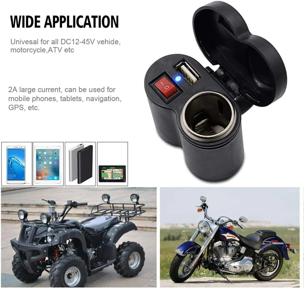 Cargador USB Dual de 12V para Motocicleta con Interruptor, Toma de Encendedor Impermeable y Abrazadera para Manillar de Motocicleta