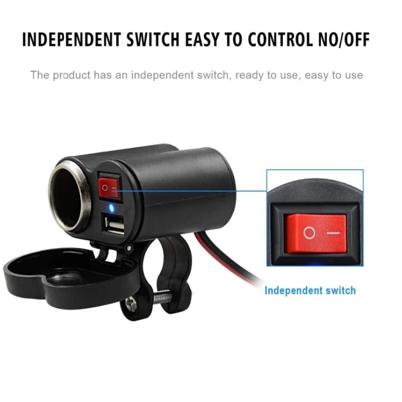 Cargador USB Dual de 12V para Motocicleta con Interruptor, Toma de Encendedor Impermeable y Abrazadera para Manillar de Motocicleta